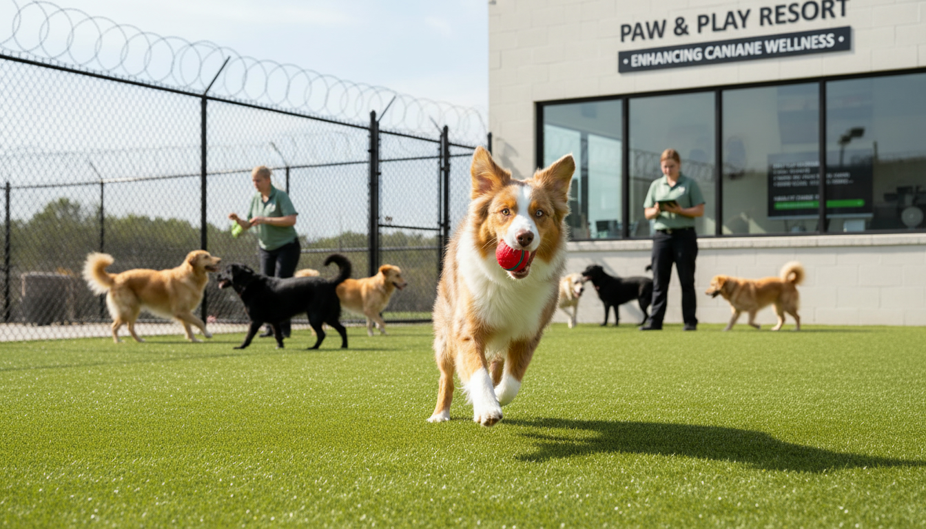 A healthy, happy Australian Shepherd is mid-stride, playing fetch on a lush green turf play yard at a dog boarding facility. The background shows secure fencing and other dogs playing calmly under supervision, illustrating a safe and structured environment for canine health.