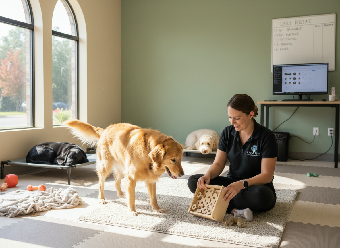 A warm, sunlit indoor play area at a boutique dog boarding facility. A trained staff member sits on the floor, calmly offering a puzzle toy to a happy Golden Retriever. In the background, two other dogs of similar size, a Labrador and a Doodle, are resting comfortably on raised cots, showcasing a structured and calm environment.
