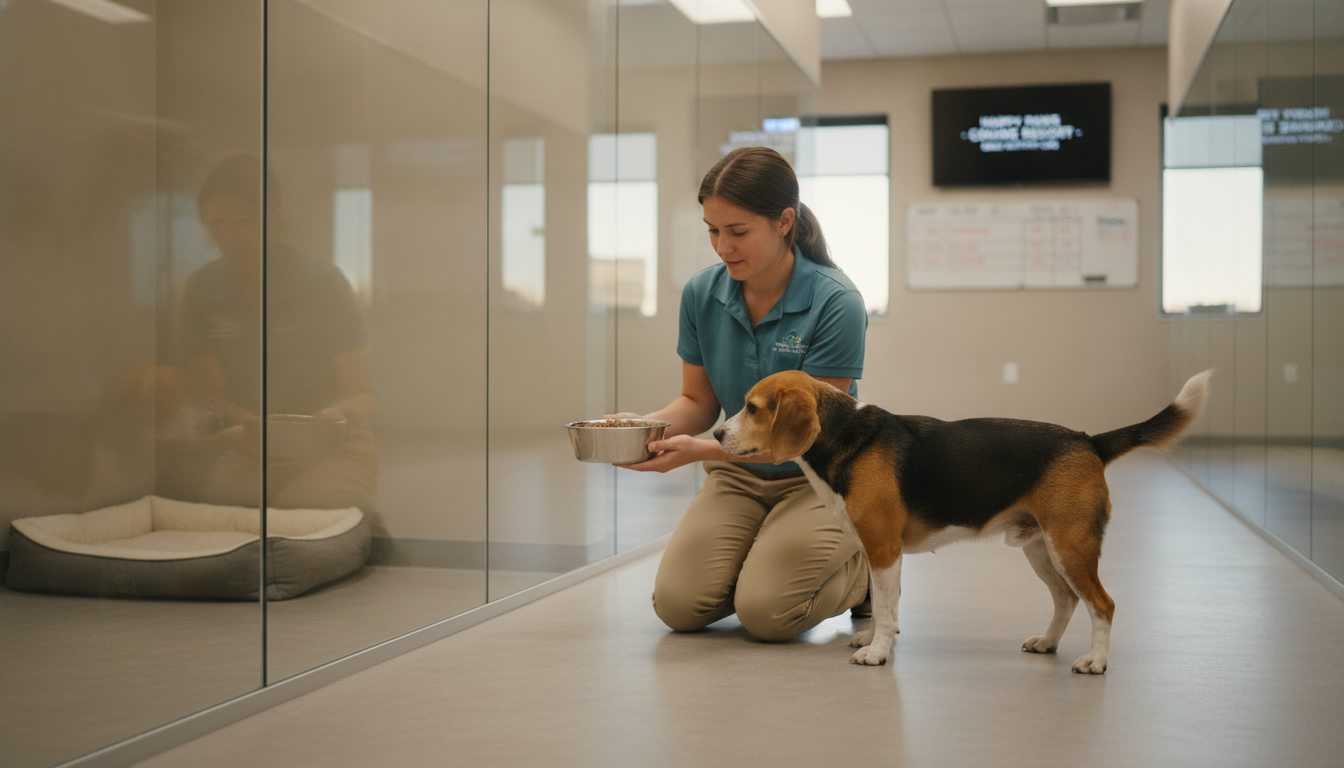 A caring female staff member at a clean, modern dog boarding facility kneeling down to offer a bowl of food to a slightly shy but curious beagle in its private, spacious kennel. The scene is warm and reassuring.