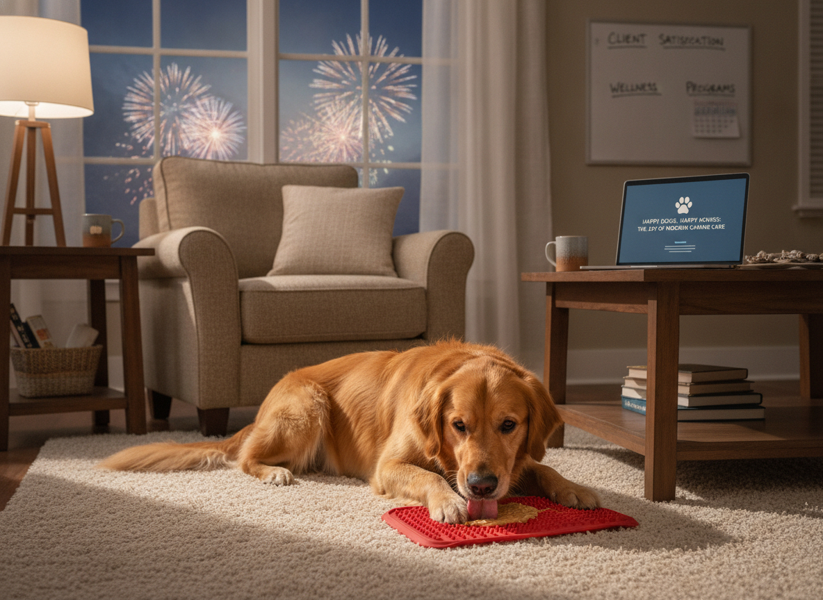 A cozy living room scene where a golden retriever is happily focused on a lick mat spread with peanut butter. In the background, through a window, you can see the faint, blurry suggestion of distant twilight fireworks. The dog is relaxed and engaged, oblivious to the outside world. The lighting is warm and inviting.