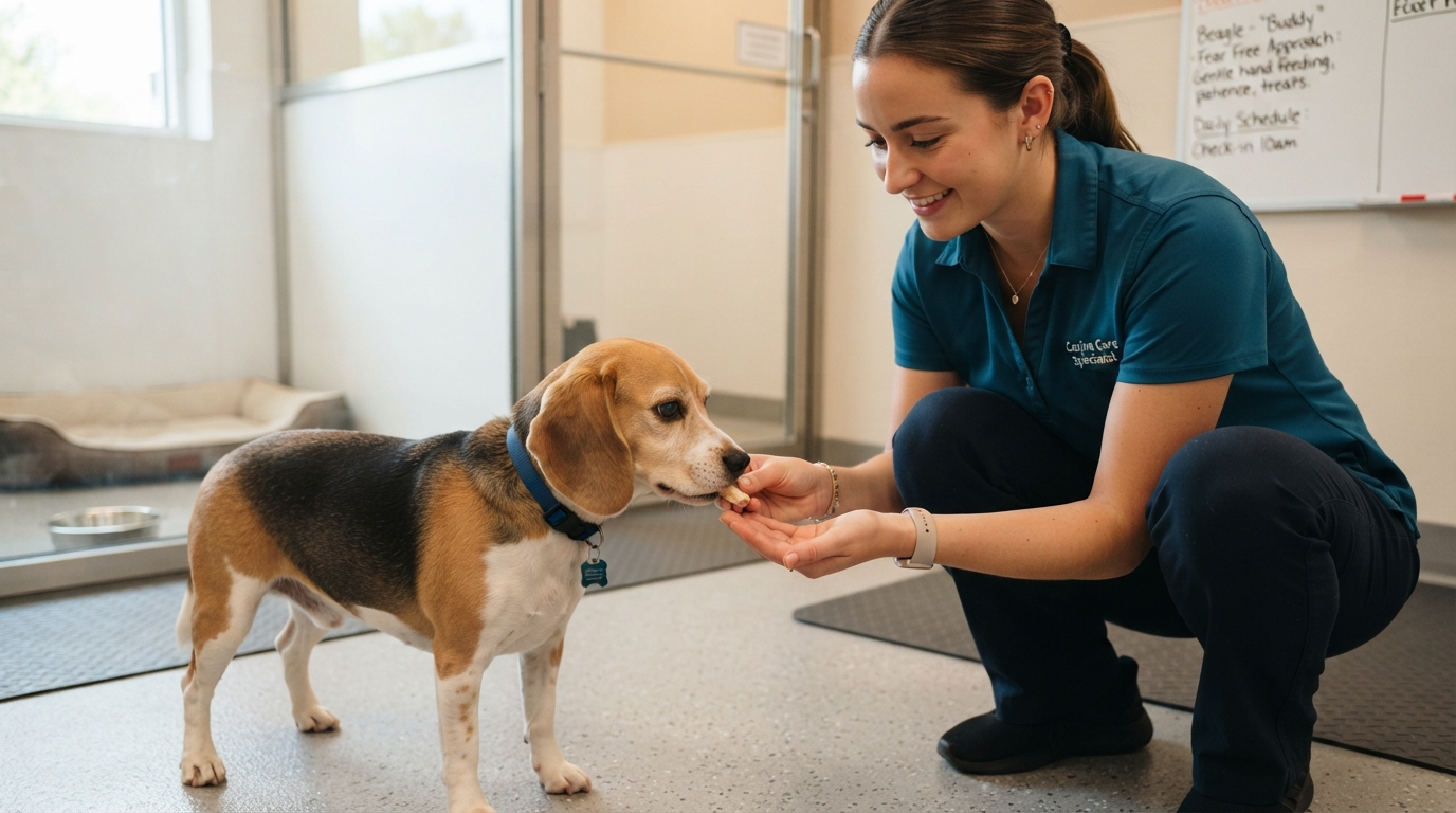 A close-up shot focusing on a staff member's gentle hands offering a high-value treat to a slightly timid Beagle. The staff member is crouched low, avoiding direct eye contact to appear non-threatening, demonstrating a Fear Free handling technique. The background is soft and out of focus, emphasizing the positive, trust-building interaction.