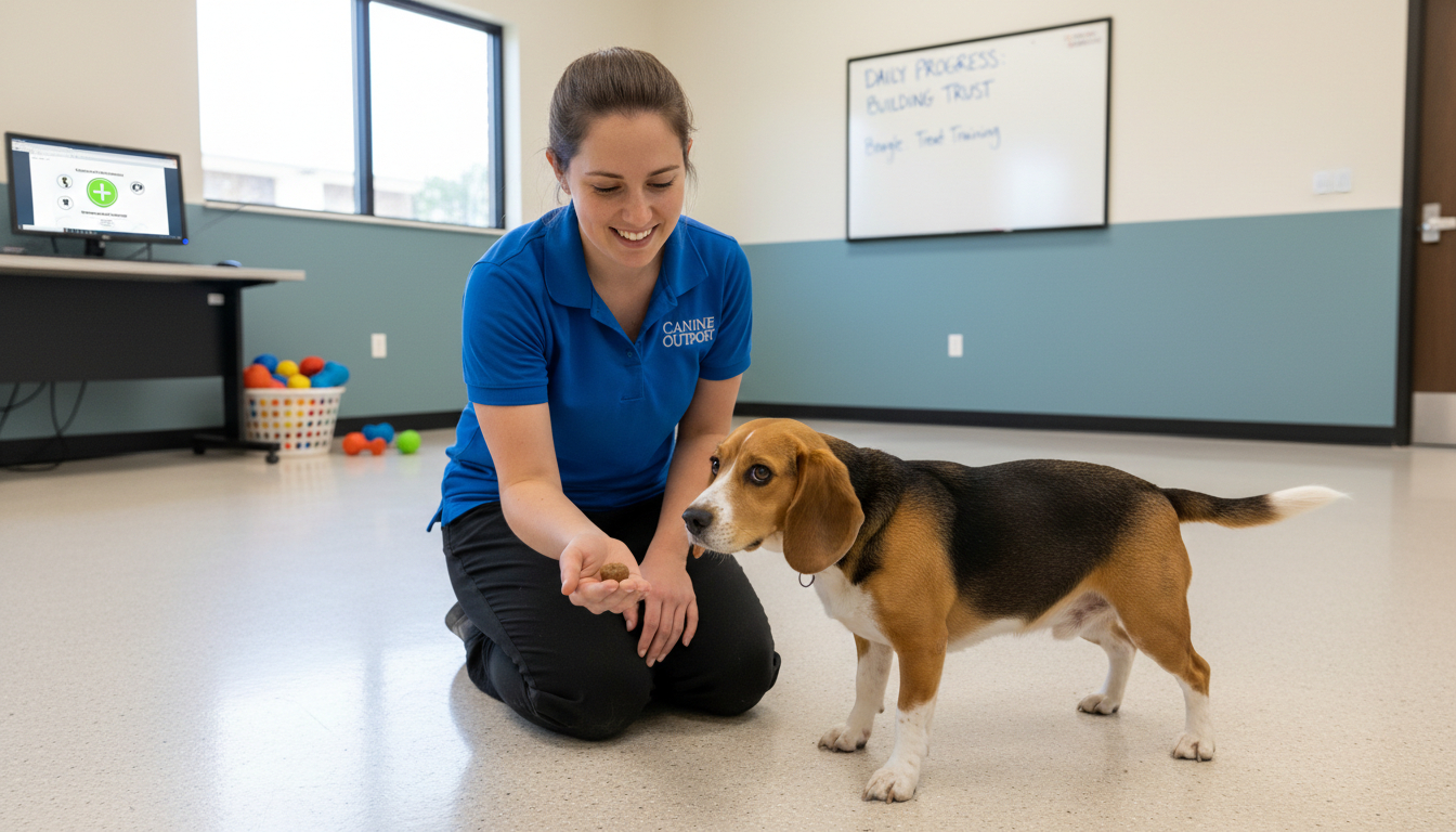 A Canine Outpost staff member in a branded shirt sits on a clean floor, gently offering a high-value treat to a slightly shy but curious beagle. The setting is a calm, well-lit indoor play area, emphasizing a patient and positive interaction to build trust.