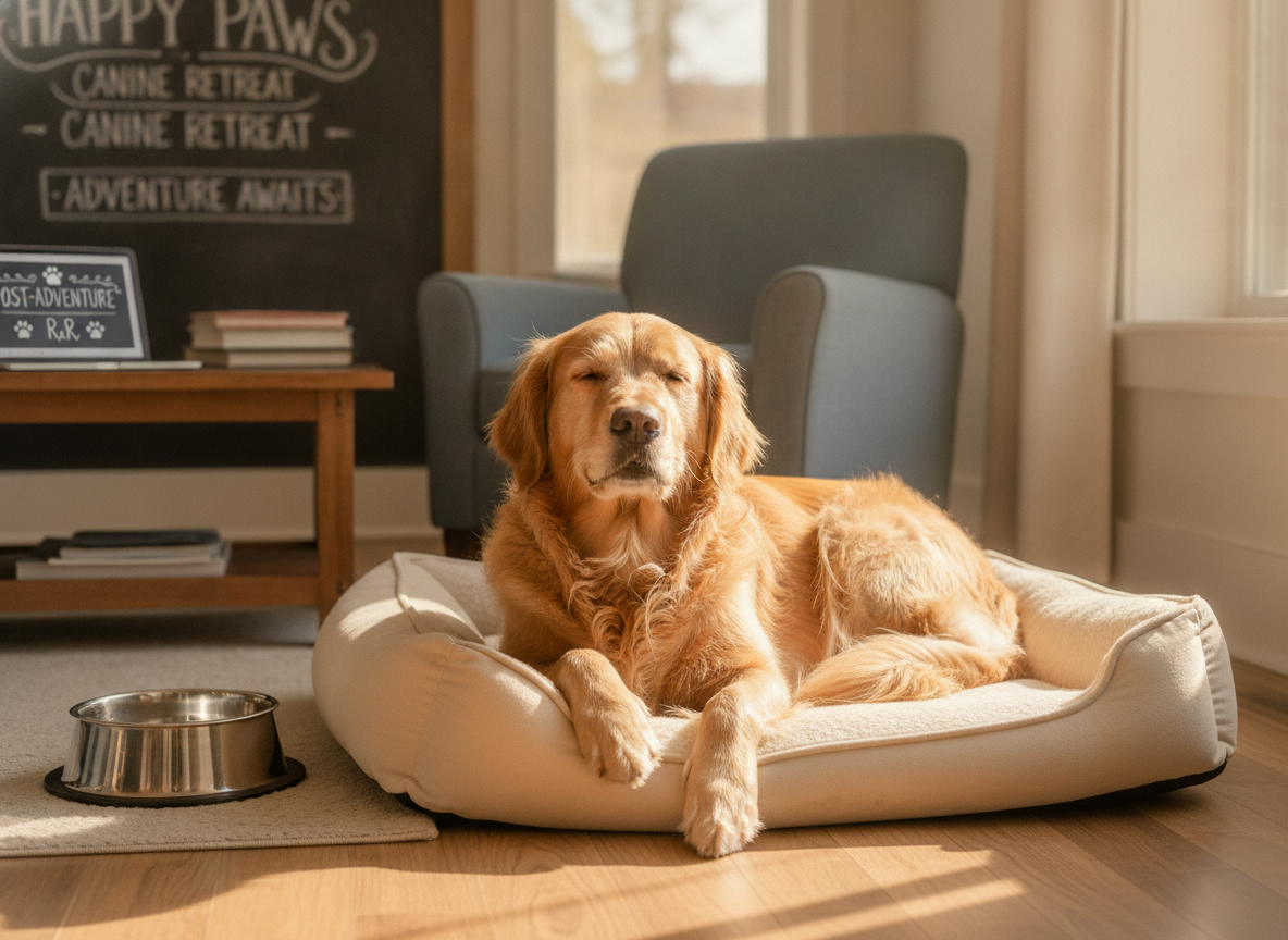 A calm, happy golden retriever resting on a plush dog bed in a cozy living room, with a water bowl nearby. The afternoon sun streams through a window, highlighting the dog's relaxed posture after a fun trip.