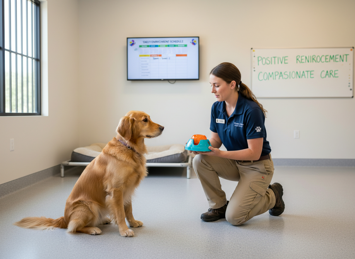 A caring, uniformed staff member kneels down to offer a puzzle feeder to a slightly timid but curious Golden Retriever inside a clean, quiet boarding kennel. The lighting is warm and the focus is on the gentle, positive interaction, highlighting enrichment and compassionate handling.