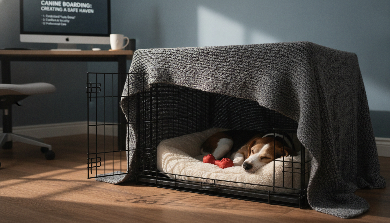 A dedicated 'safe den' for a dog. It's a large, open wire crate in the corner of a quiet room, covered with a heavy, dark-colored blanket. Inside, there's a plush dog bed, a favorite chew toy, and a small beagle mix is curled up peacefully. The room is dimly lit, creating a sense of calm and security.